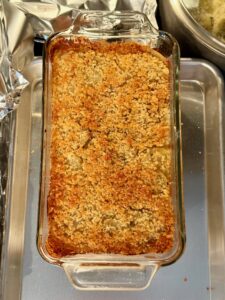 Two potato bake in a loaf pan out of the oven