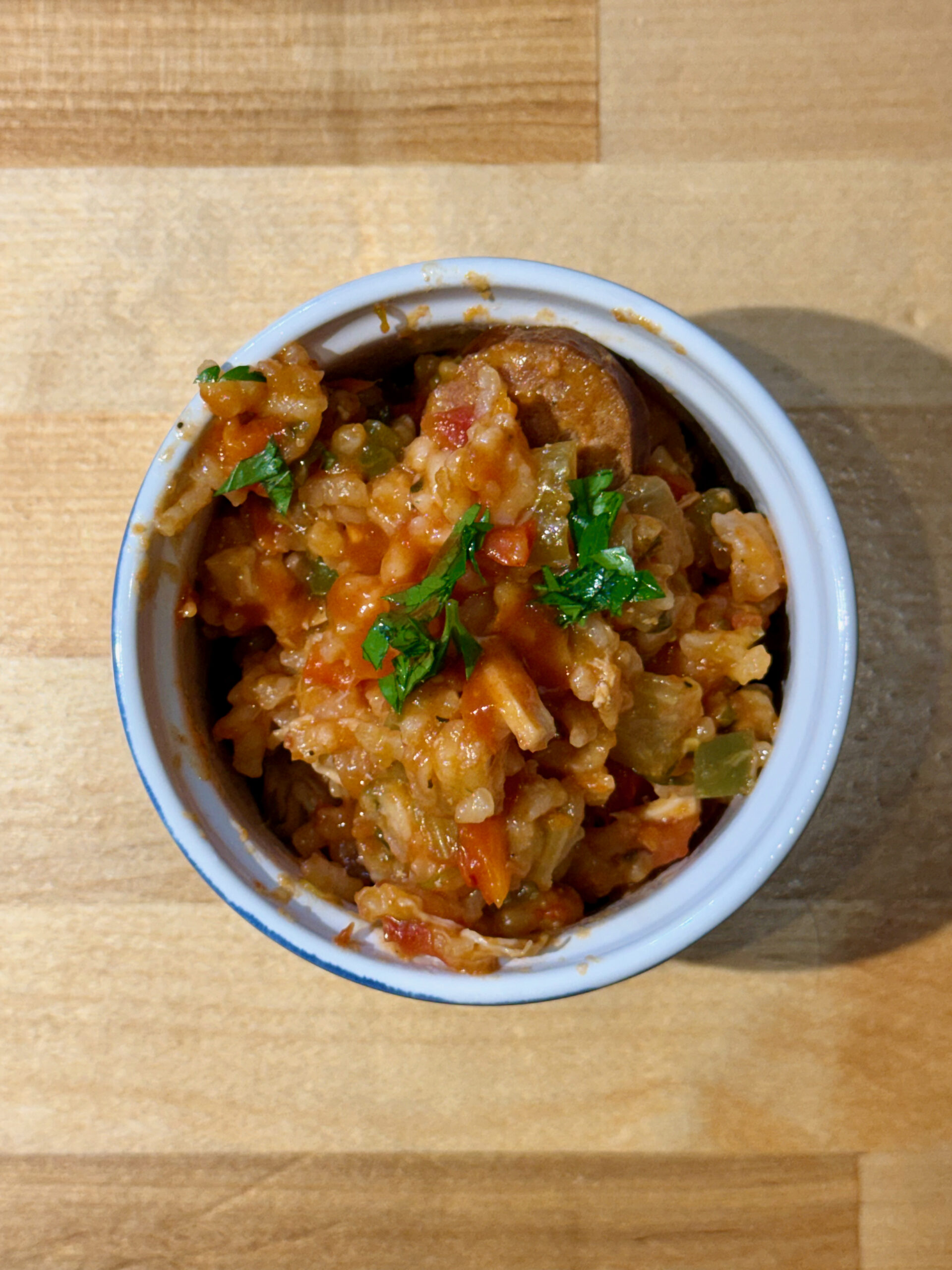 Ramekin filled with chicken and sausage gumbo