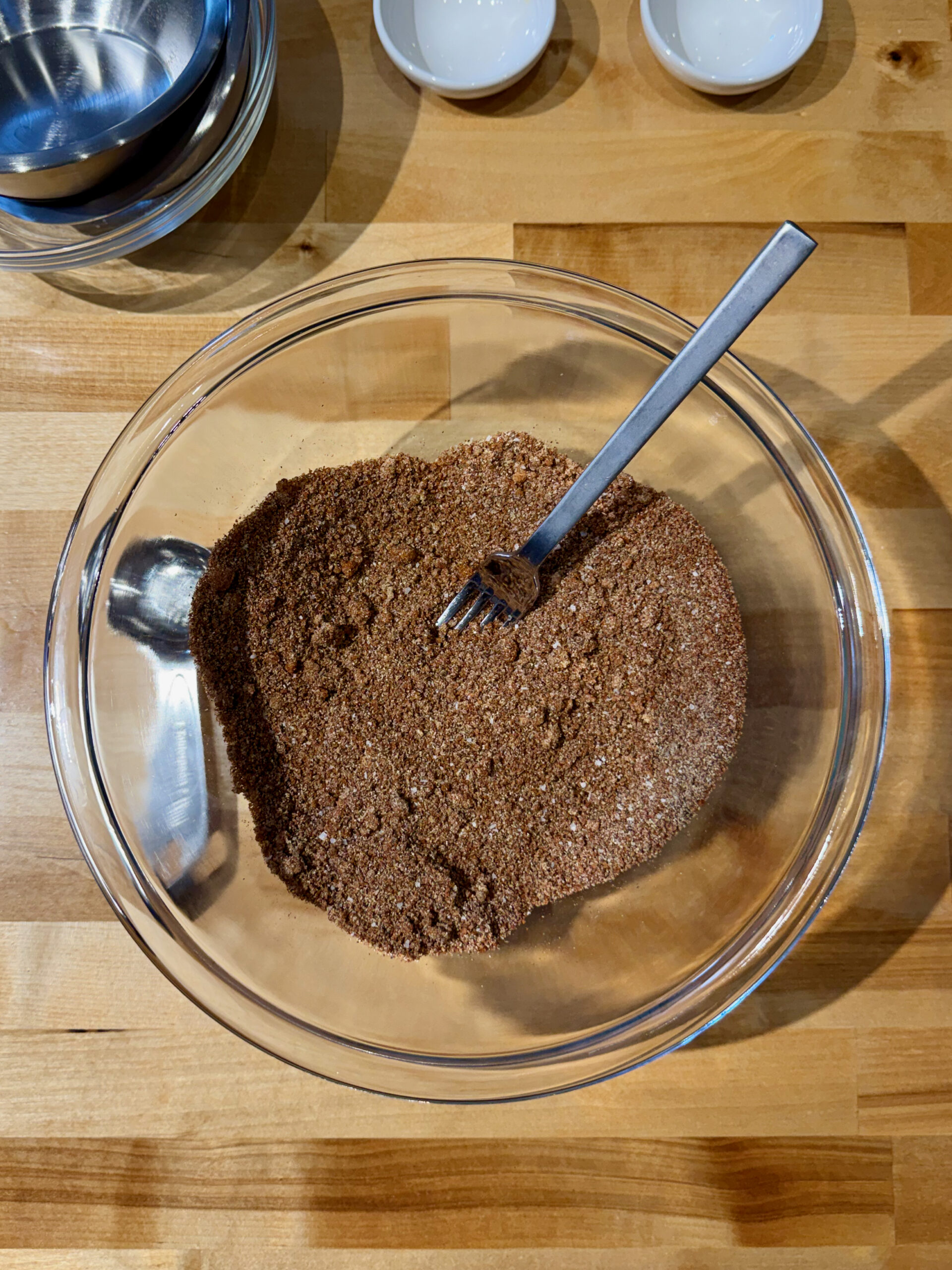Pork rub in glass bowl with fork