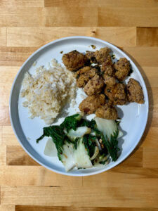 Taiwanese Fried Popcorn Chicken, white rice and stir fry bok choy